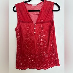 Bellambra ITALY Red Viscose V-Neck Embroidered Sleeveless Tunic